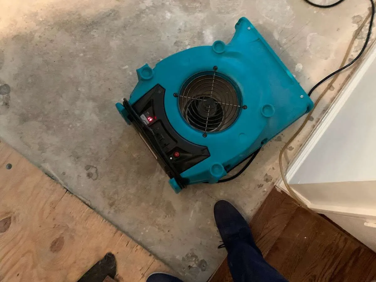 Air mover drying subfloor during Commercial Water Damage Restoration in Cottage Lake